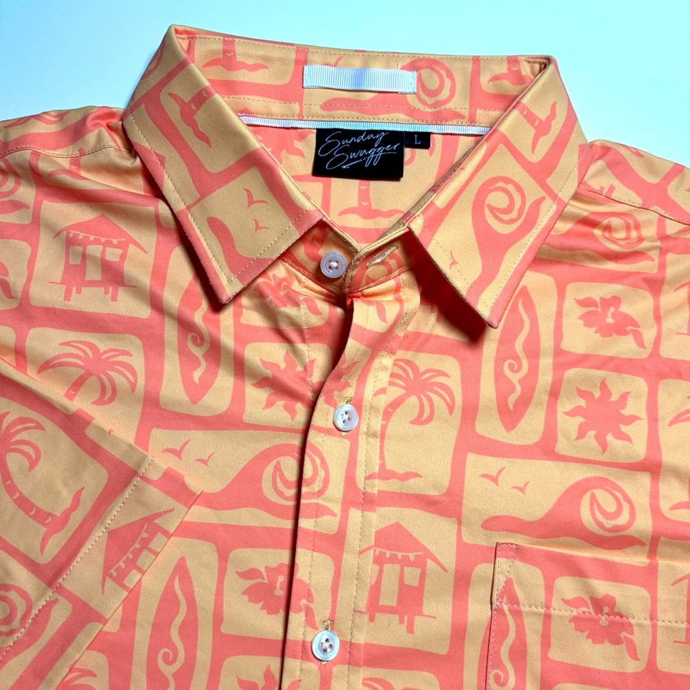 Sunday Swagger Tropical Palm Tree Orange Mens L Short Sleeve Button Down Shirt